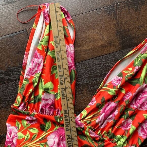 NWT ZARA floral one piece bodysuit ruched size medium orange deep v neck - Picture 9 of 9